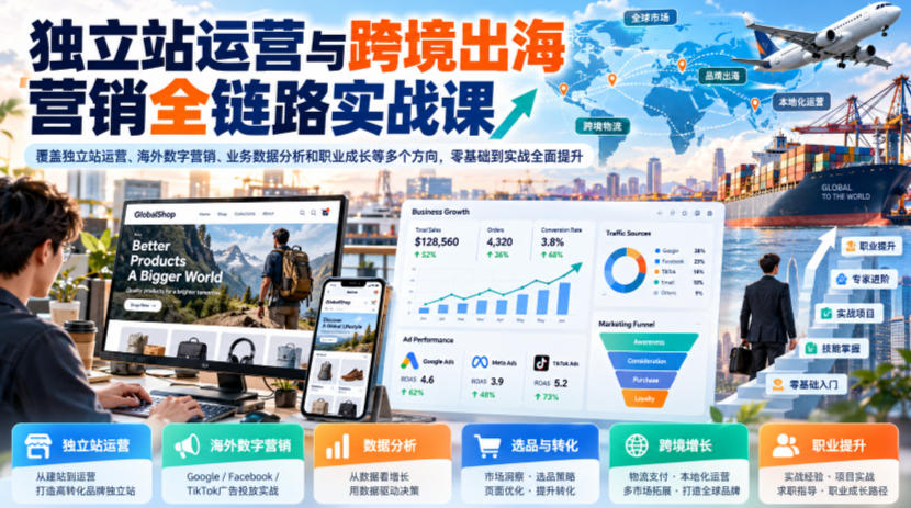 独立站运营与跨境出海营销全链路实战课,覆盖独立站运营、海外数字营销、业务数据分析和职业成长等多个方向,零基础到实战全面提升-凡人轻创
