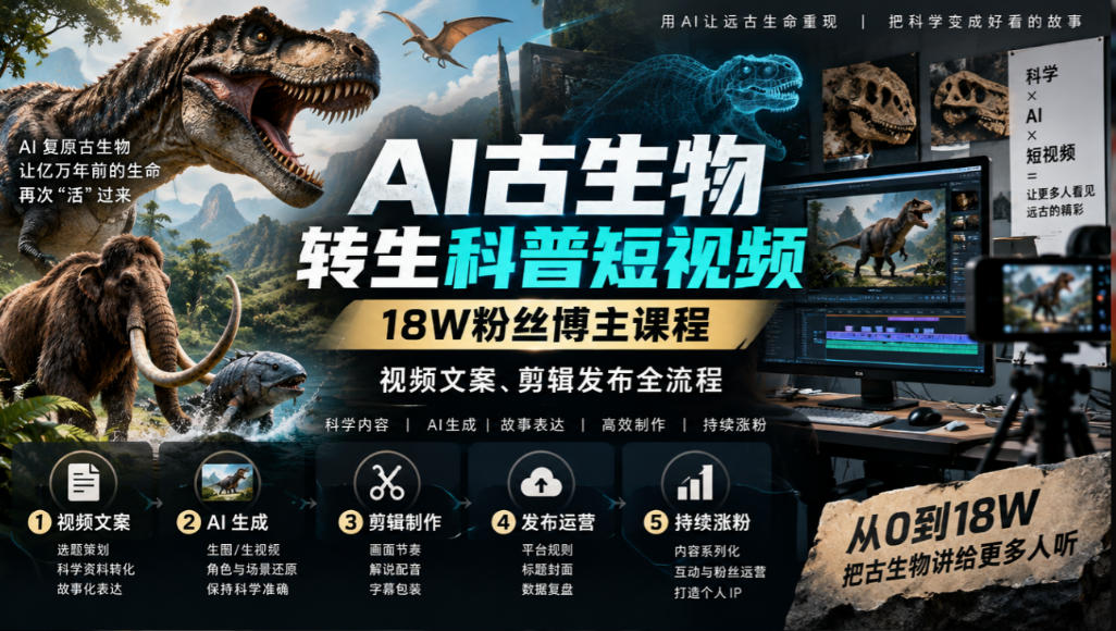 AI古生物转生科普短视频,18W粉丝博主课程,视频文案、剪辑发布全流程-凡人轻创