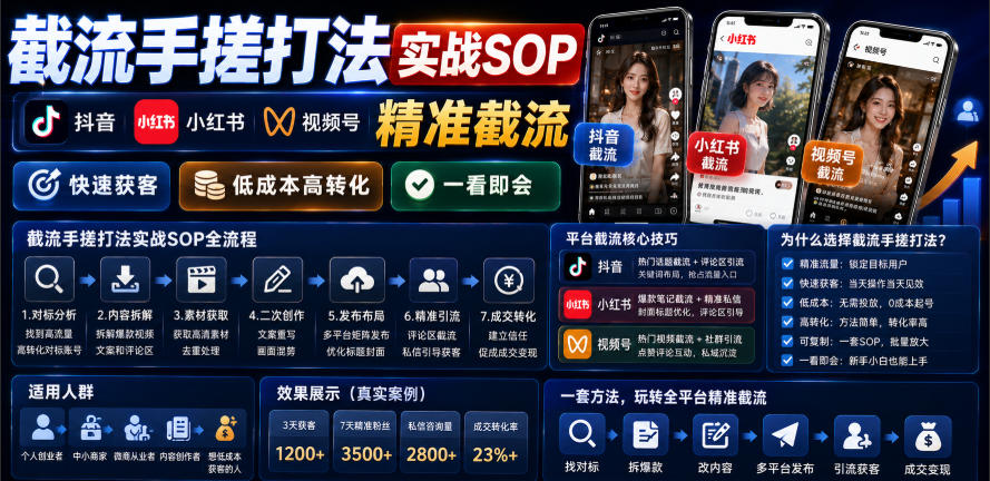 截流手搓打法实战SOP，抖音小红书视频号精准截流，快速获客，低成本高转化，一看即会-凡人轻创
