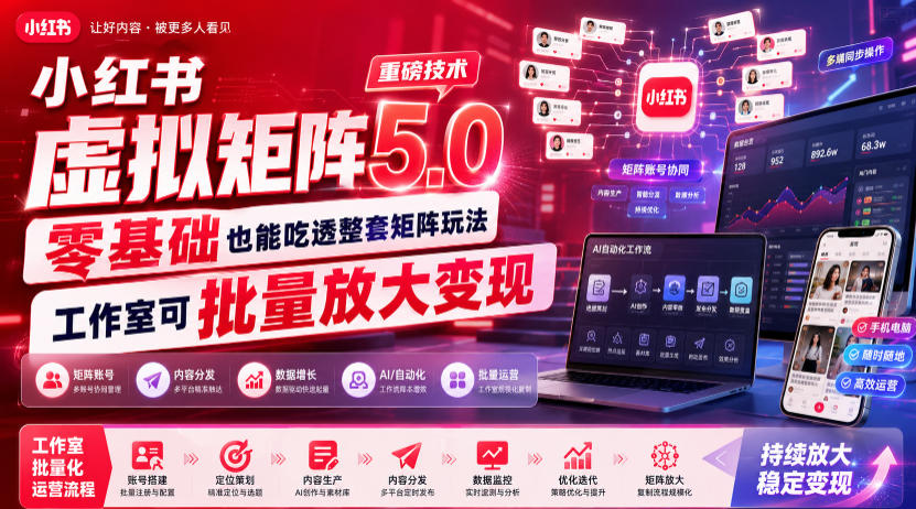 小红书虚拟矩阵5.0重磅技术，零基础也能吃透整套矩阵玩法，工作室可批量放大变现-凡人轻创