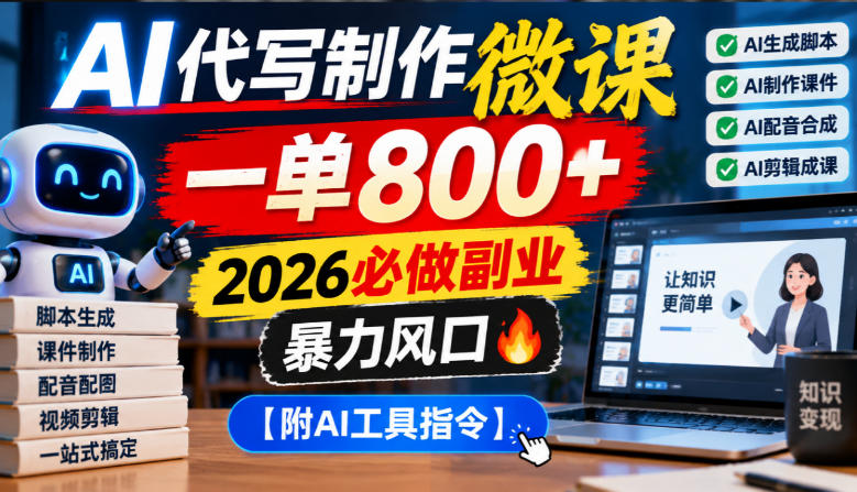 AI代写制作微课，一单800+，2026必做副业，暴力风口【附AI工具指令】【揭秘】-凡人轻创