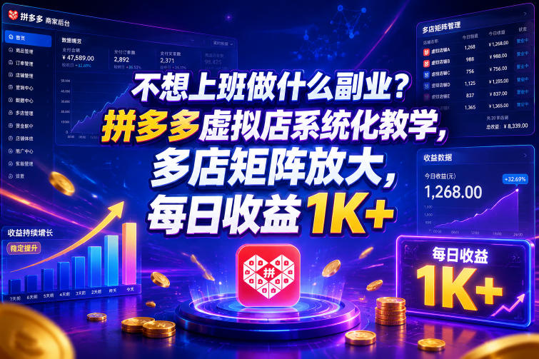 不想上班做什么副业?拼多多虚拟店系统化教学,多店矩阵放大,每日收益1K+【揭秘】-凡人轻创