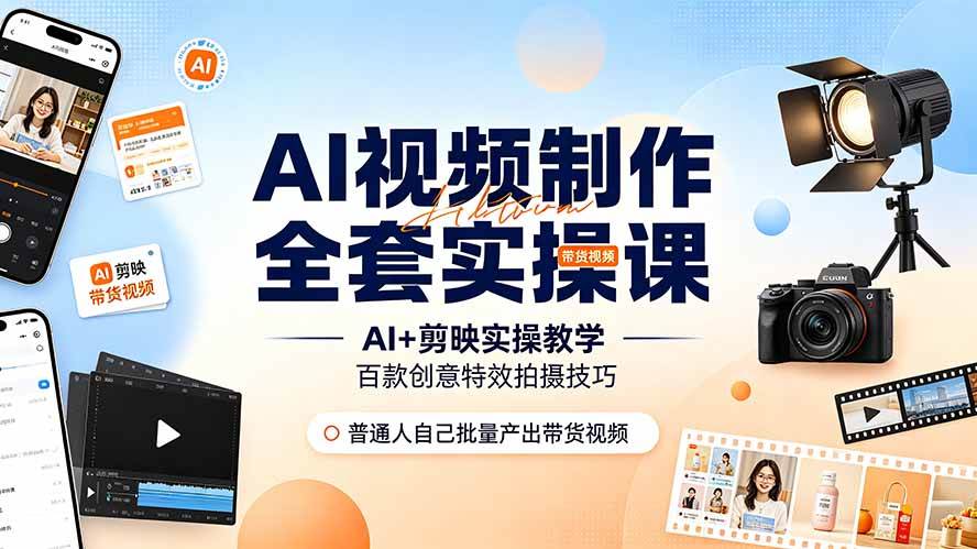 （19200期）AI视频制作全套实操课，多款AI工具搭配剪映教学，百种特效运镜拍摄实操，抖音账号带货运营全覆盖-凡人轻创