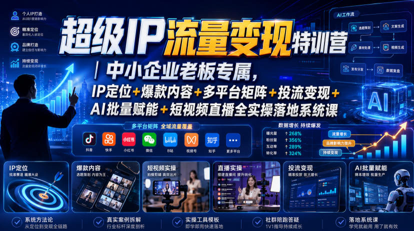 超级IP流量变现特训营|中小企业老板专属,IP定位+爆款内容+多平台矩阵+投流变现+AI批量赋能+短视频直播全实操落地系统课-凡人轻创