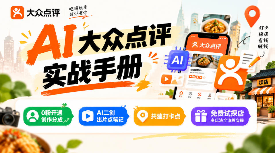 某局的AI大众点评实战手册,0粉开通创作分成、AI二创出片点笔记、共建打卡点、免费试探店多玩法全流程实操-凡人轻创