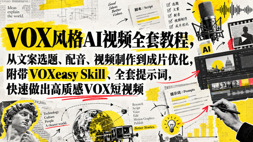 VOX风格AI视频全套教程,从文案选题、配音、视频制作到成片优化,附带VOXeasy Skill、全套提示词,快速做出高质感VOX短视频-凡人轻创