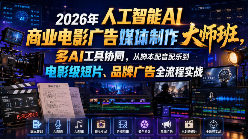 2026年人工智能AI商业电影广告媒体制作大师班,多AI工具协同,从脚本配音配乐到电影级短片、品牌广告全流程实战(中英字幕)-凡人轻创