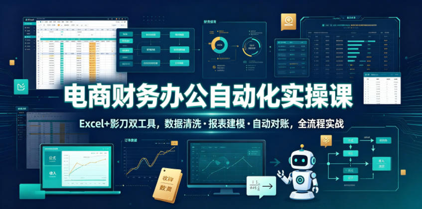 电商财务办公自动化实操课，Excel+影刀双工具，数据清洗・报表建模・自动对账，全流程实战-凡人轻创