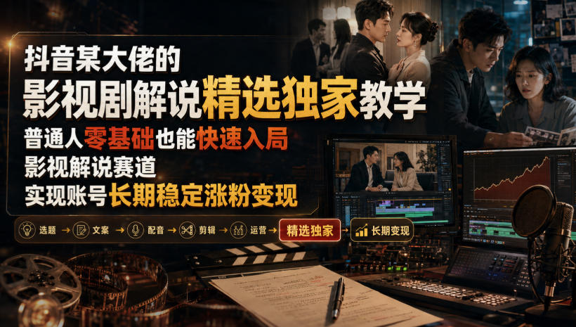 抖音某大佬的影视剧解说精选独家教学,普通人零基础也能快速入局影视解说赛道,实现账号长期稳定变现-凡人轻创