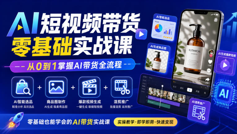 AI短视频带货零基础实战课|AI智能选品+商品图制作+爆款视频生成+混剪推广,从0到1掌握AI带货全流程-凡人轻创