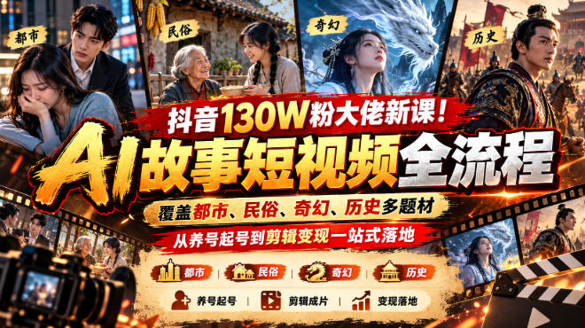 抖音130W粉大佬新课!AI故事短视频全流程,覆盖都市、民俗、奇幻、历史多题材,从养号起号到剪辑变现一站式落地-凡人轻创