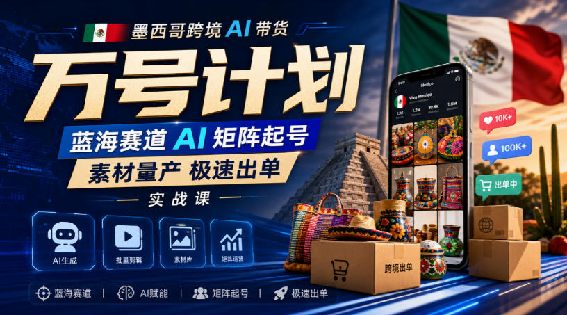 墨西哥跨境AI带货万号计划,蓝海赛道AI矩阵起号,素材量产极速出单实战课-凡人轻创