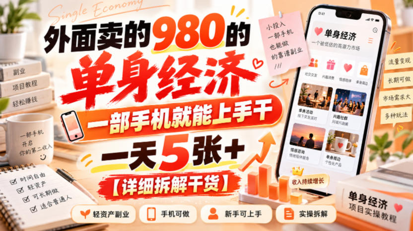 外面卖的980的单身经济,一部手机就能上手干,一天5张+【详细拆解干货】-凡人轻创