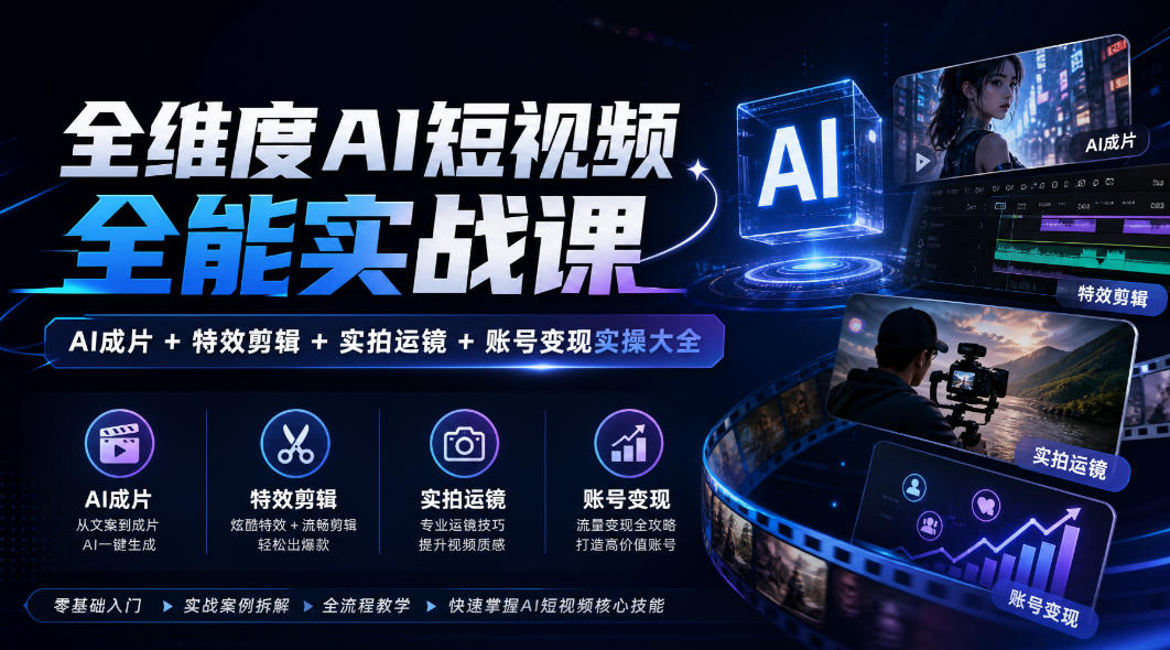 全维度AI短视频全能实战课，AI成片+特效剪辑+实拍运镜+账号变现实操大全-凡人轻创