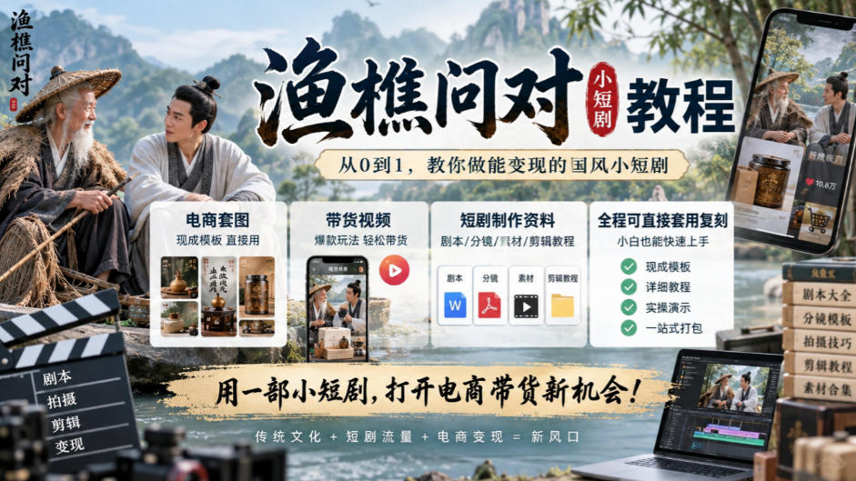 渔樵问对小短剧教程，包含电商套图、带货视频，短剧制作资料，全程可直接套用复刻-凡人轻创