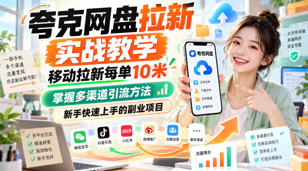 夸克网盘拉新实战教学,移动拉新每单10米,掌握多渠道引流方法,新手快速上手的副业项目(更新1028)-凡人轻创