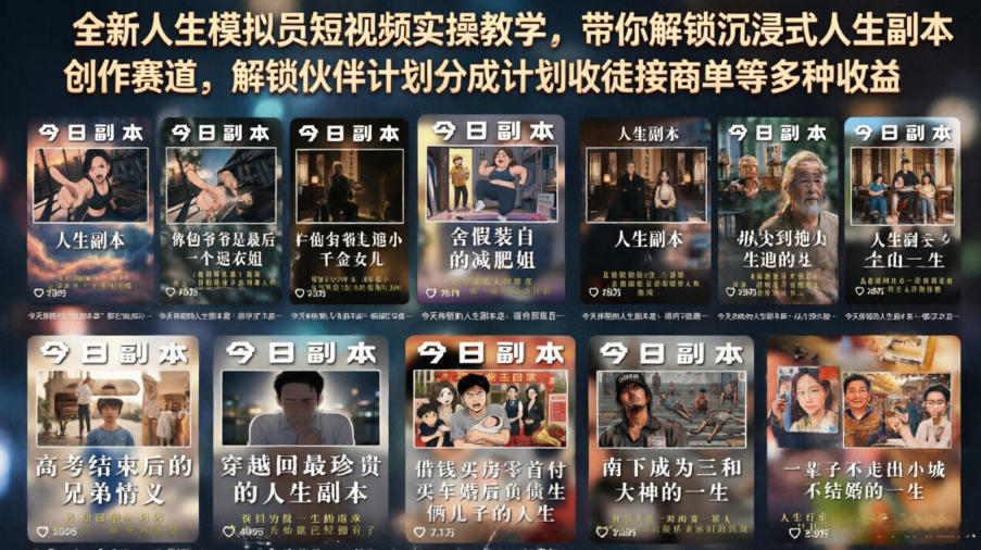 全新人生模拟员短视频实操教学，带你解锁沉浸式人生副本创作赛道，解锁伙伴计划分成计划收徒接商单等多种收益-凡人轻创
