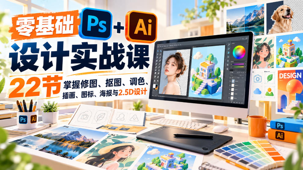 【无水印】零基础PS+AI设计实战课｜22节掌握修图、抠图、调色、插画、图标、海报与2.5D设计-凡人轻创
