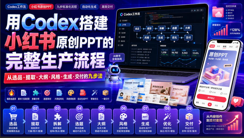 用Codex搭建小红书原创PPT的完整生产流程,从选品·提取·大纲·风格·生成·交付的九步法-凡人轻创