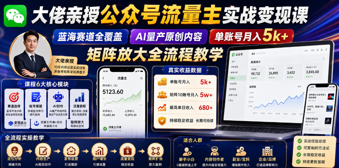 大佬亲授公众号流量主实战变现课,蓝海赛道全覆盖,AI量产原创内容,单账号月入5k+矩阵放大全流程教学-凡人轻创