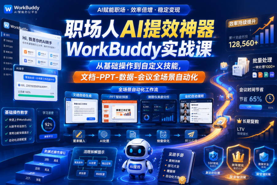 职场人AI提效神器WorkBuddy实战课,从基础操作到自定义技能,文档-PPT-数据-会议全场景自动化-凡人轻创