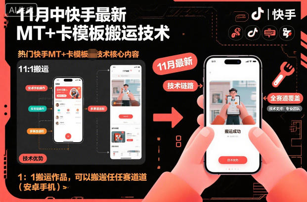 11月中快手最新MT+卡模板搬运技术，1：1搬运作品，可以搬运任何赛道（安卓手机）-凡人轻创