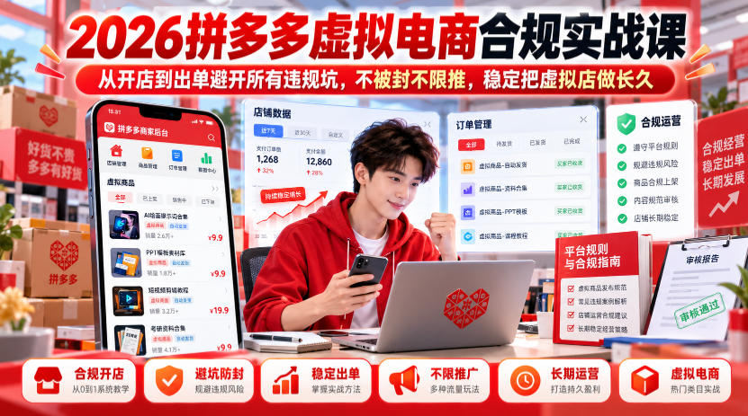 2026拼多多虚拟电商合规实战课，从开店到出单避开所有违规坑，不被封不限推，稳定把虚拟店做长久-凡人轻创