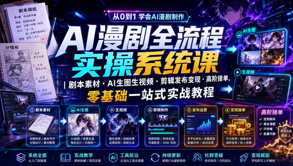 AI漫剧全流程实操系统课|剧本素材・AI生图生视频・剪辑发布变现・高阶接单,零基础一站式实战教程-凡人轻创