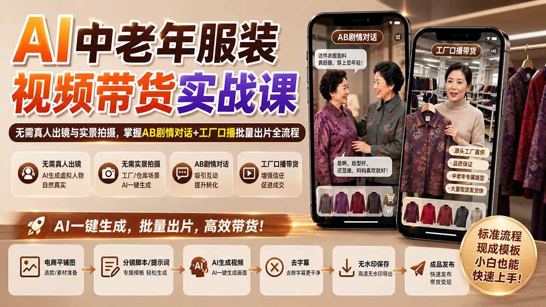 (20198期)AI中老年服装视频带货实战课:无需真人出镜与实景拍摄,掌握AB剧情对话+工厂口播批量出片全流程-凡人轻创