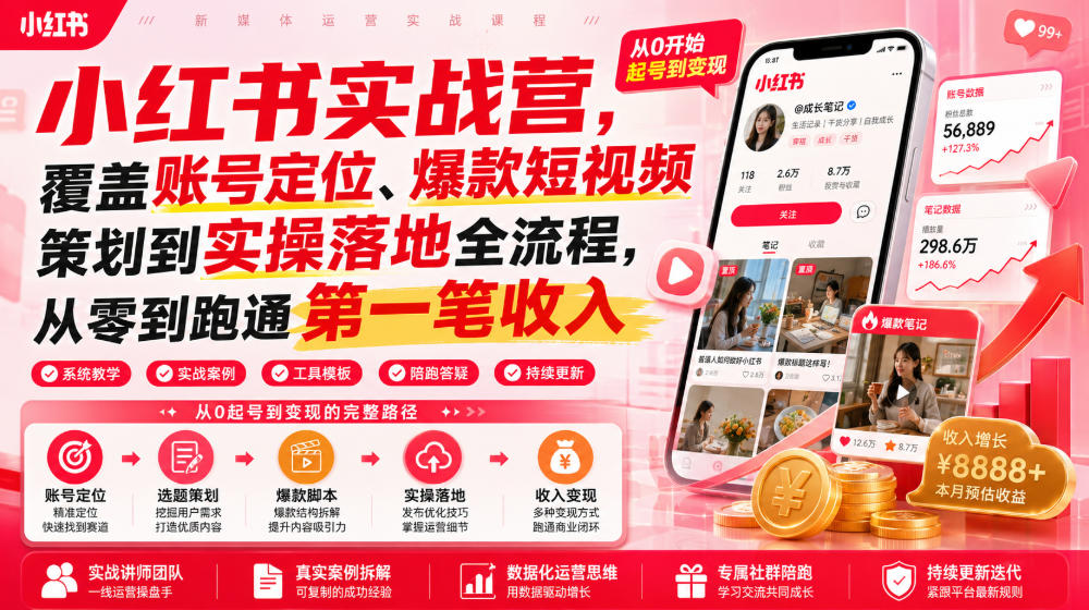 小红书实战营，覆盖账号定位、爆款短视频策划到实操落地全流程，从零到跑通第一笔收入-凡人轻创