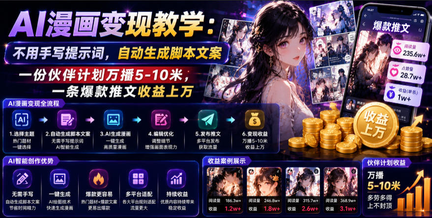 AI漫画变现教学:不用手写提示词,自动生成脚本文案,一份伙伴计划万播5-10米,一条爆款推文收益上W-凡人轻创