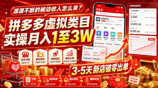 源源不断的被动收入怎么来?拼多多虚拟类目实操月入1至3W,3-5天新店破零出单-凡人轻创