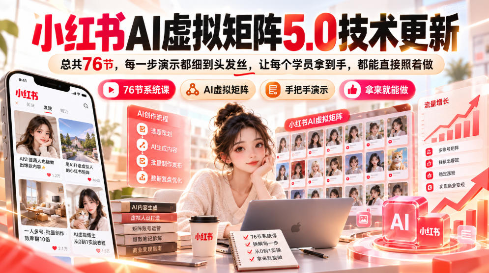 小红书AI虚拟矩阵5.0技术更新,总共76节,每一步演示都细到头发丝,让每个学员拿到手,都能直接照着做-凡人轻创
