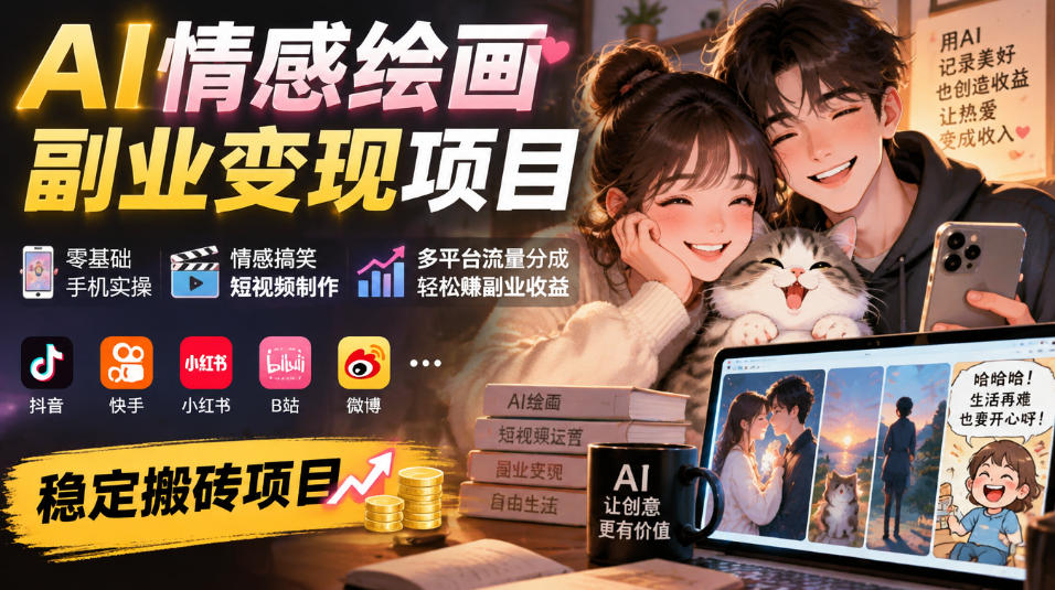 AI情感绘画副业变现项目｜零基础手机实操，情感搞笑短视频制作，多平台流量分成轻松賺副业收益-凡人轻创