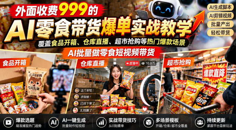 外面收费999的AI零食带货爆单实战教学，覆盖食品开箱、仓库直播、超市抢购等热门爆款场景，AI批量做零食短视频带货-凡人轻创
