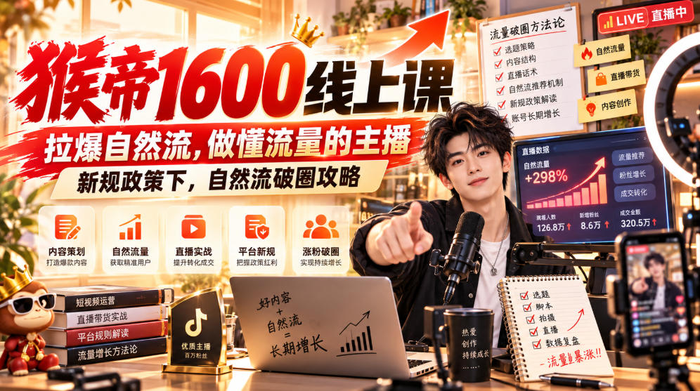猴帝1600线上课，拉爆自然流，做懂流量的主播，新规政策下，自然流破圈攻略【更新260926】-凡人轻创