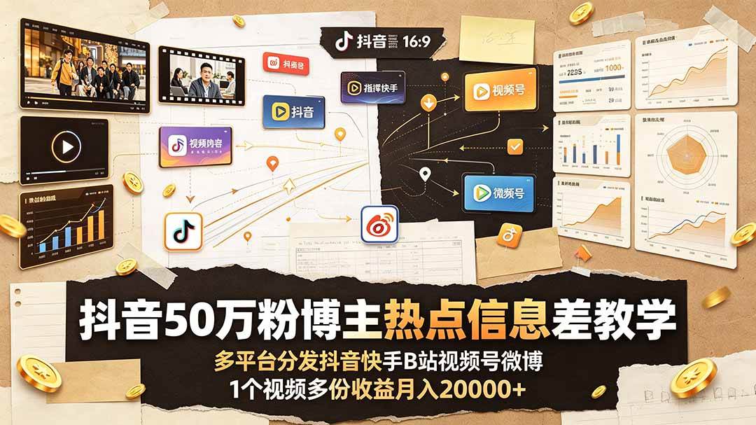 （19145期）抖音50万粉博主热点信息差教学：多平台分发抖音快手B站视频号微博，1个视频多份收益月入20000+-凡人轻创