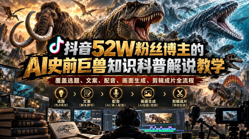 抖音52W粉丝博主的AI史前巨兽知识科普解说教学,覆盖选题、文案、配音、画面生成、剪辑成片全流程-凡人轻创