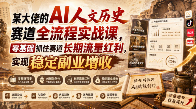 某大佬的AI人文历史赛道全流程实战课,零基础抓住赛道长期流量红利,实现稳定副业增收-凡人轻创