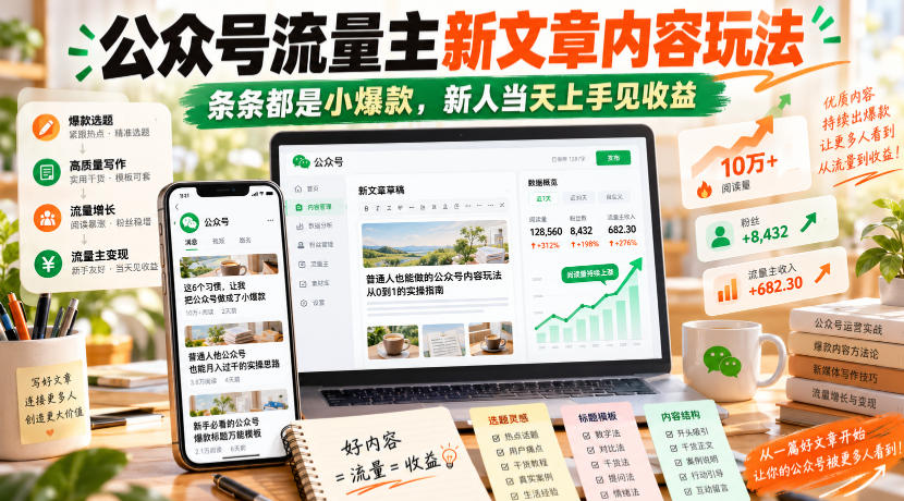 公众号流量主新文章内容玩法,条条都是小爆款,新人当天上手见收益-凡人轻创