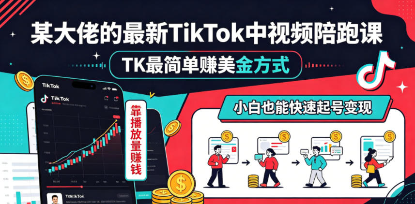 某大佬的最新TikTok中视频陪跑课,TK最简单賺美金方式,靠播放量賺钱,小白也能快速起号变现-凡人轻创