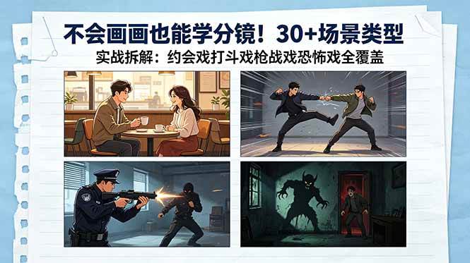 （18591期）不会画画也能学分镜！30+场景类型实战拆解：约会戏打斗戏枪战戏恐怖戏全覆盖-凡人轻创