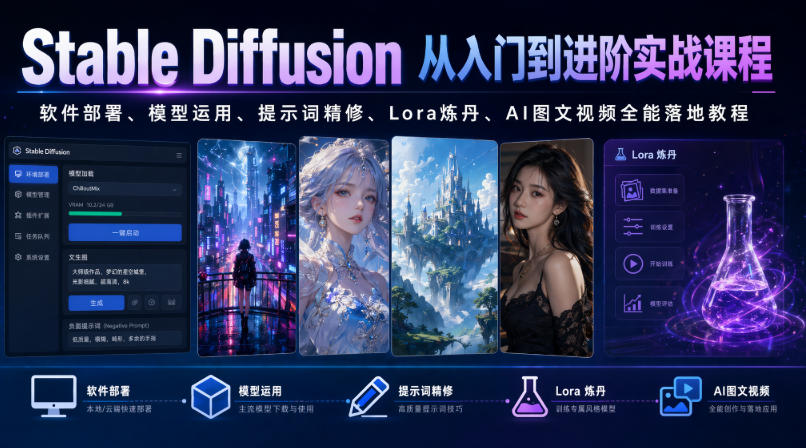 Stable Diffusion从入门到进阶实战课程｜软件部署、模型运用、提示词精修、Lora炼丹、AI图文视频全能落地教程-凡人轻创