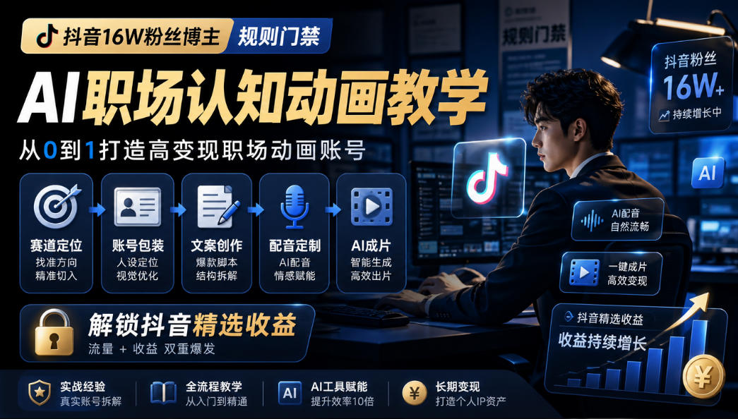 抖音16W粉丝博主规则门禁的AI职场认知动画教学,从赛道定位、账号包装,到文案创作、配音定制、AI成片,解锁抖音精选收益-凡人轻创