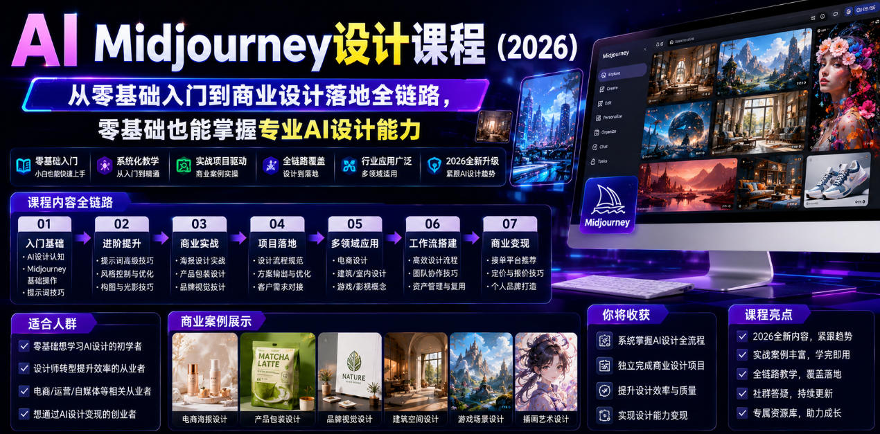 AI Midjourney设计课程（2026），从零基础入门到商业设计落地全链路，零基础也能掌握专业AI设计能力-凡人轻创