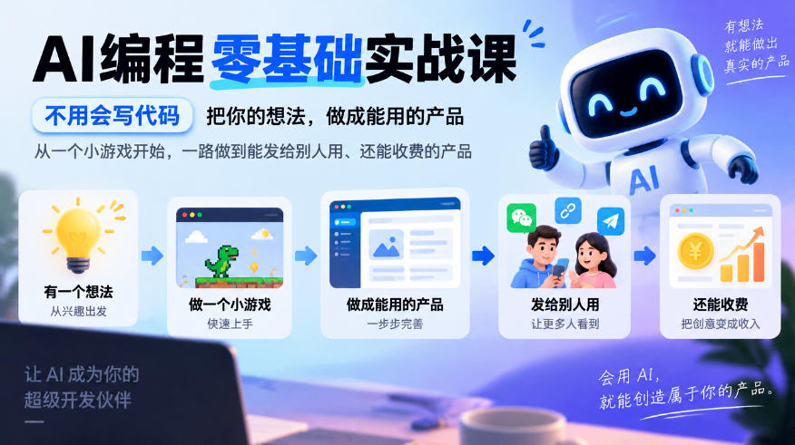 AI编程零基础实战课,不用会写代码,把你的想法,做成能用的产品,从一个小游戏开始,一路做到能发给别人用、还能收费的产品-凡人轻创