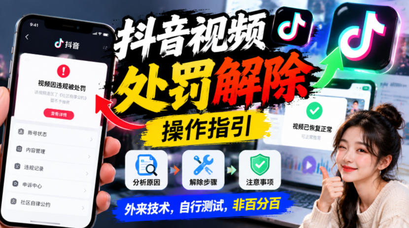 抖音视频处罚解除操作指引,外来技术,自行测试,非百分百-凡人轻创