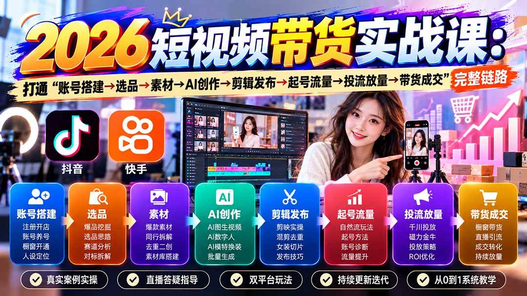 (20731期)2026短视频带货实战课9月:打通“账号搭建→选品→素材→AI创作→剪辑发布→起号流量→投流放量→带货成交”完整链路-凡人轻创