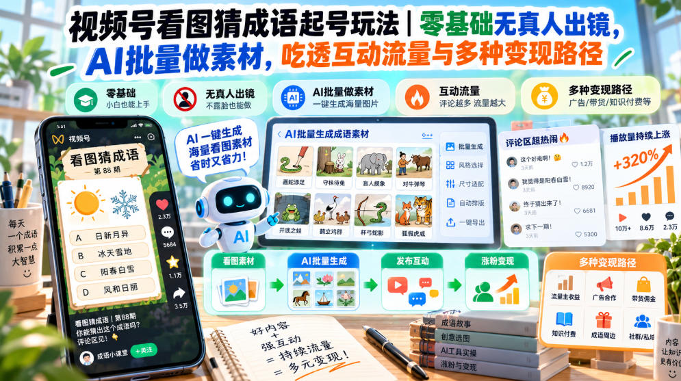 视频号看图猜成语起号玩法|零基础无真人出镜,AI批量做素材,吃透互动流量与多种变现路径-凡人轻创