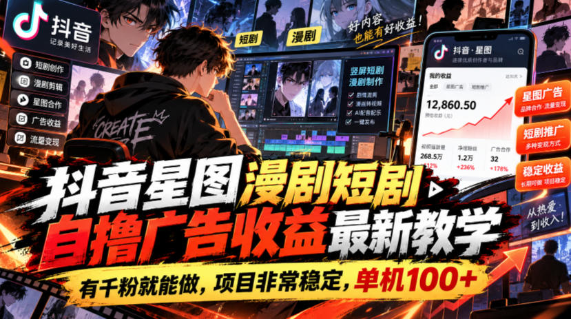 抖音星图漫剧短剧自撸广告收益最新教学,有千粉就能做,项目非常稳定,单机100+-凡人轻创